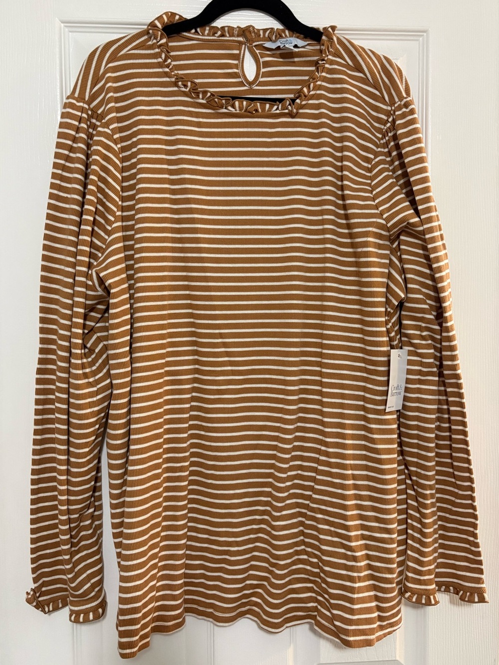 croft & barrow White and Camel Striped Ruffle-Neck Top